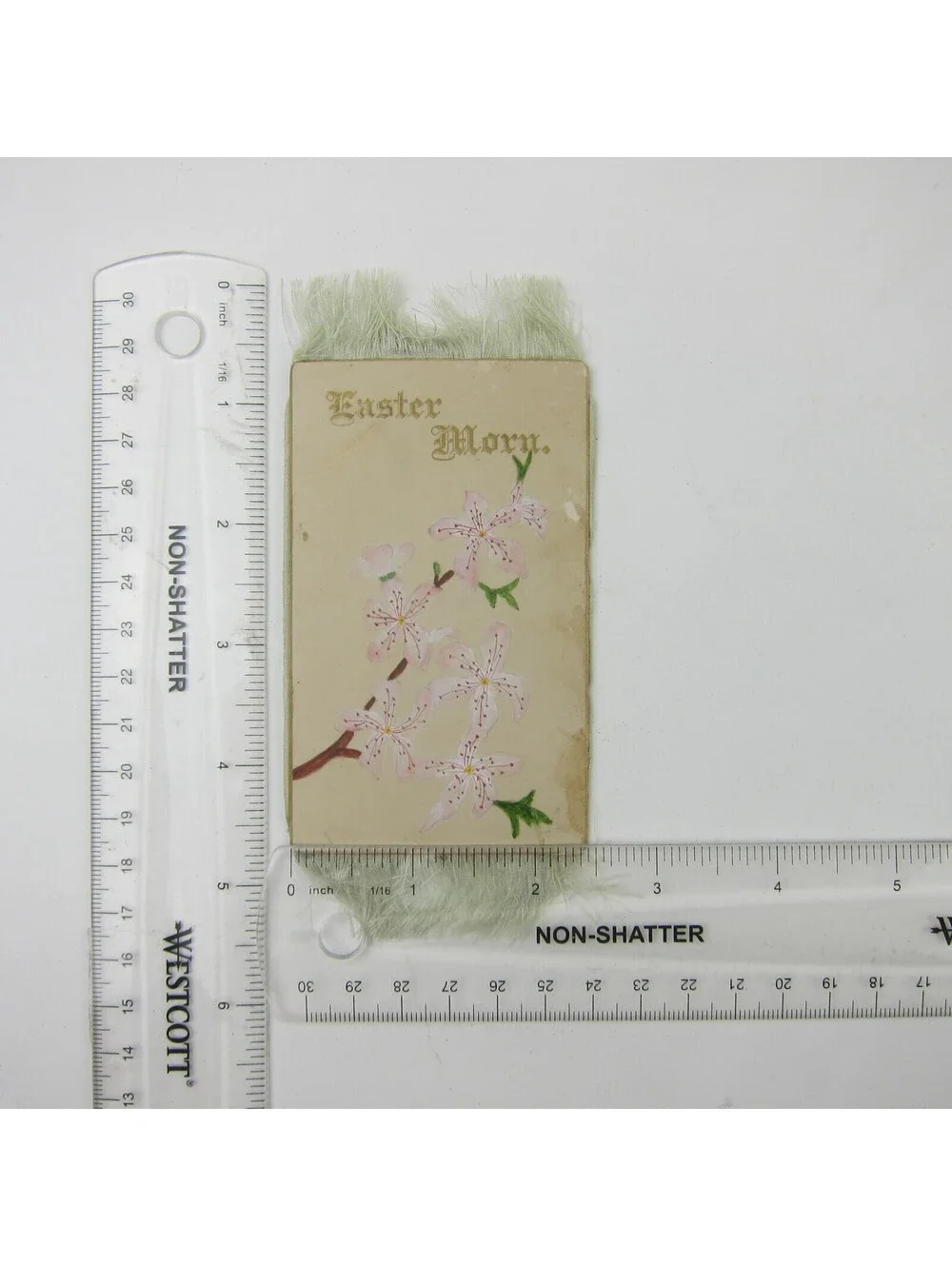 Victorian Card Easter Branch Blooms Pink Flowers Fringe Gold Gilt Edge Antique